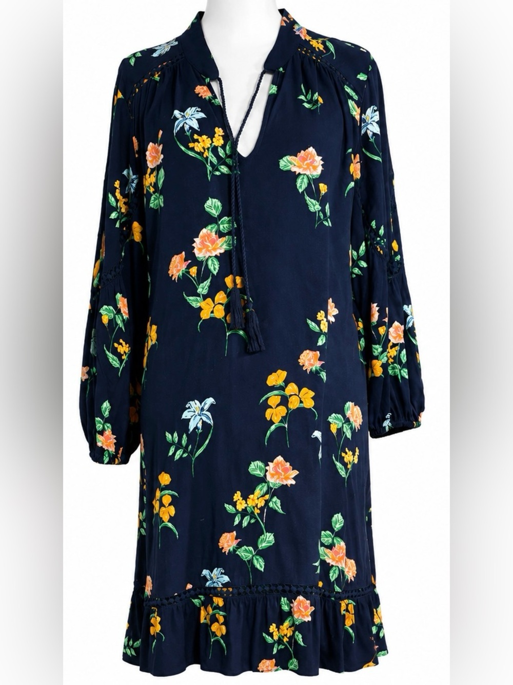crown & ivy Navy Floral Blouse with Yellow and Green Print